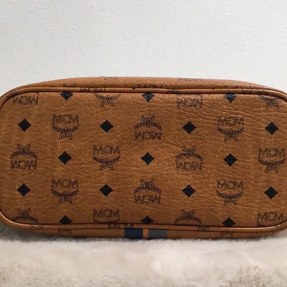 MCM #H5822 Vintage Visetos Blue Stripes Monogram Small Tote Bag  EUC Cognac - Picture 9 of 16